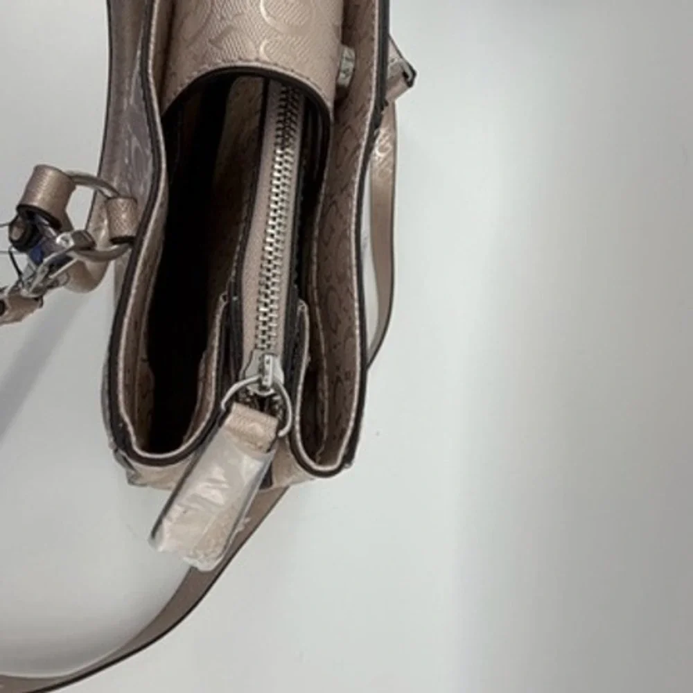 Guess Metallic Champagne Logo Satchel‎ Crossbody Handbag with Flower Charm